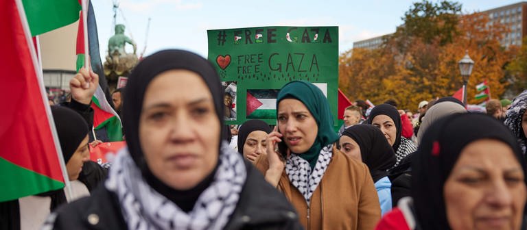 Teilnehmer einer Pro-Palästina-Kundgebung am Neptunbrunnen in Berlin halten ein Plakat mit der Aufschrift „Free Palestine" (04.11.2023). (Foto: dpa Bildfunk, picture alliance/dpa | Jörg Carstensen)