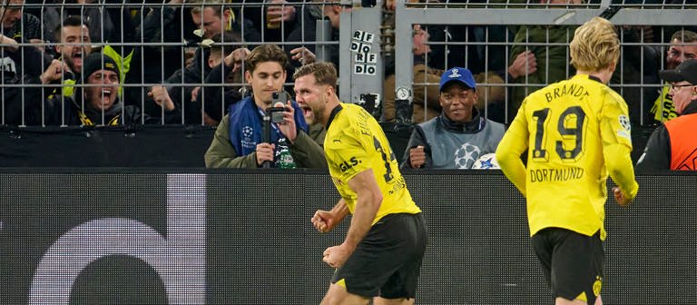 Niclas Füllkrug von Borussia Dortmund jubelt über sein Tor zum 1:0 gegen Newcastle. (Foto: dpa Bildfunk, picture alliance/dpa | Bernd Thissen)
