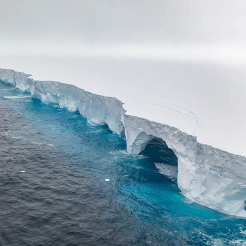 Das Bild zeigt den Eisberg A23a. Spektakuläre neue Bilder vom derzeit weltweit größten Eisberg zeigen, wie Erosion riesige Bögen und höhlenartige Vertiefungen in den Koloss gemeißelt hat. (Foto: dpa Bildfunk, picture alliance/dpa/Eyos Expeditions | Ian Strachan)