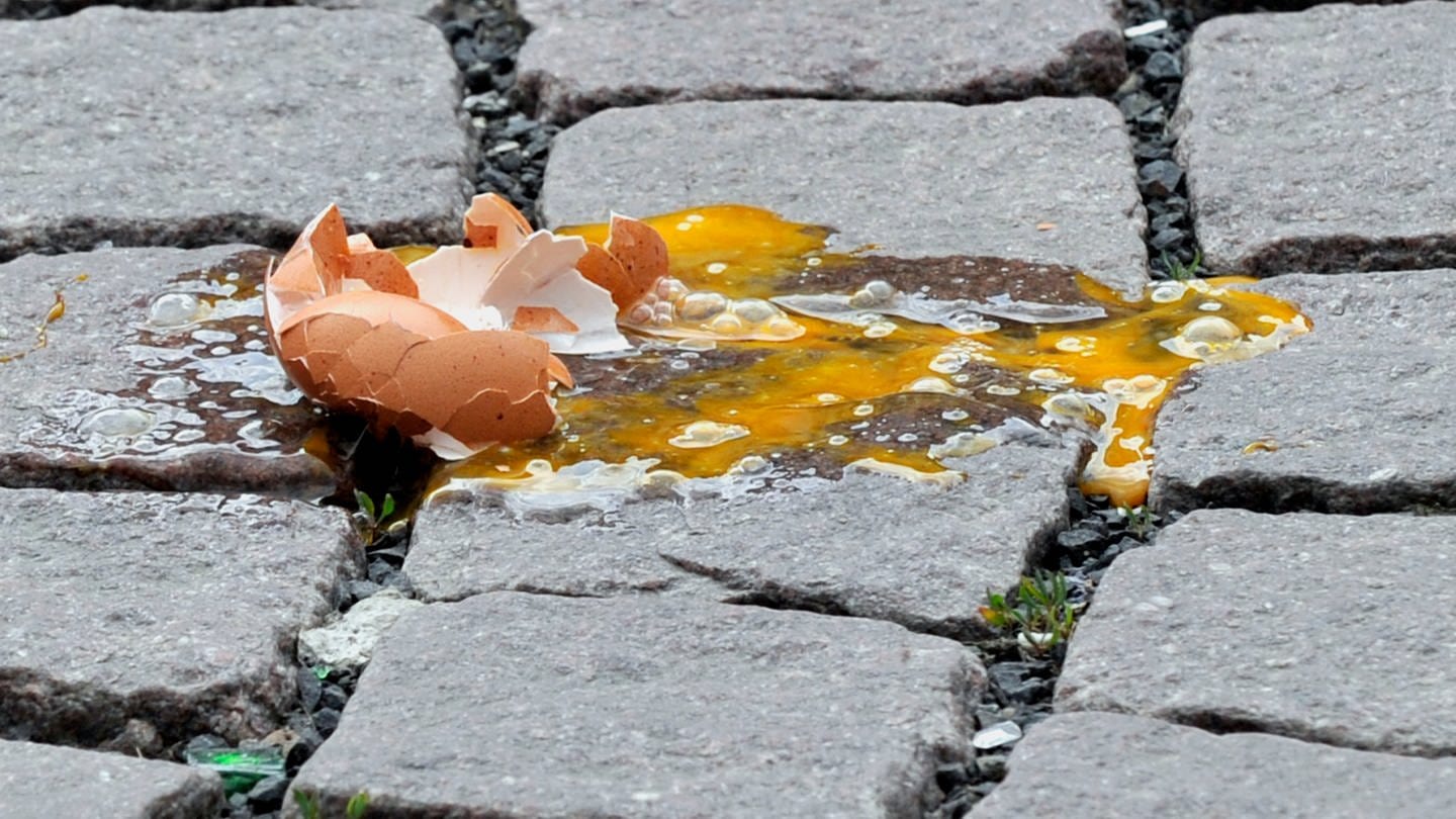 Geworfenes Ei, das kaputt gegangen ist, liegt auf einer Straße. (Foto: dpa Bildfunk, picture alliance / dpa | Boris Roessler)