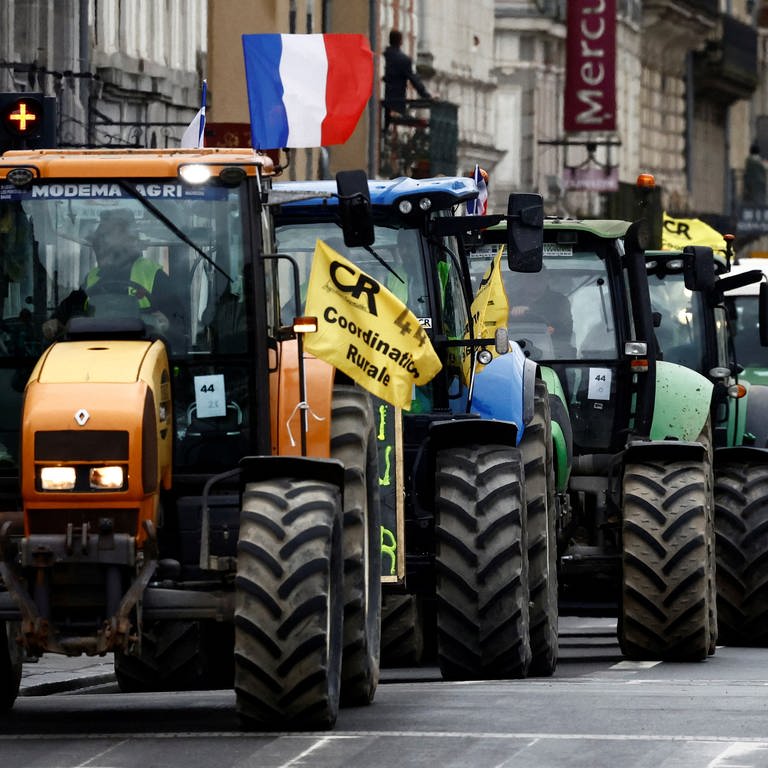 Traktoren fahren in Frankreich während eines Protests hintereinander. (Foto: Reuters, REUTERS/Stephane Mahe)