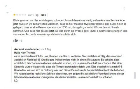 Der Inhaber des Sushi-Restaurants "Taumi" in Karlsruhe rechtfertigt sich in einem Kommentar zu der Veröffentlichung der Lebensmittelüberwachung. (Foto: Screenshot Google)