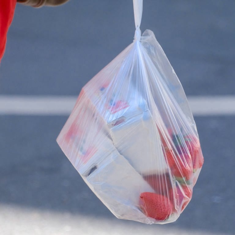 Dünne Plastiktüte mit Erdbeeren. Neuseeland verbietet dünne Plastiktüten und Einweggeschirr- sowie -Besteck. (Foto: IMAGO, Michael Gstettenbauer)