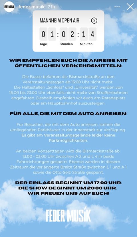Infos von Feder Musik zu den Apache 207 Konzerten in Mannheim. (Foto: Screenshot Instagram: feder.musik)