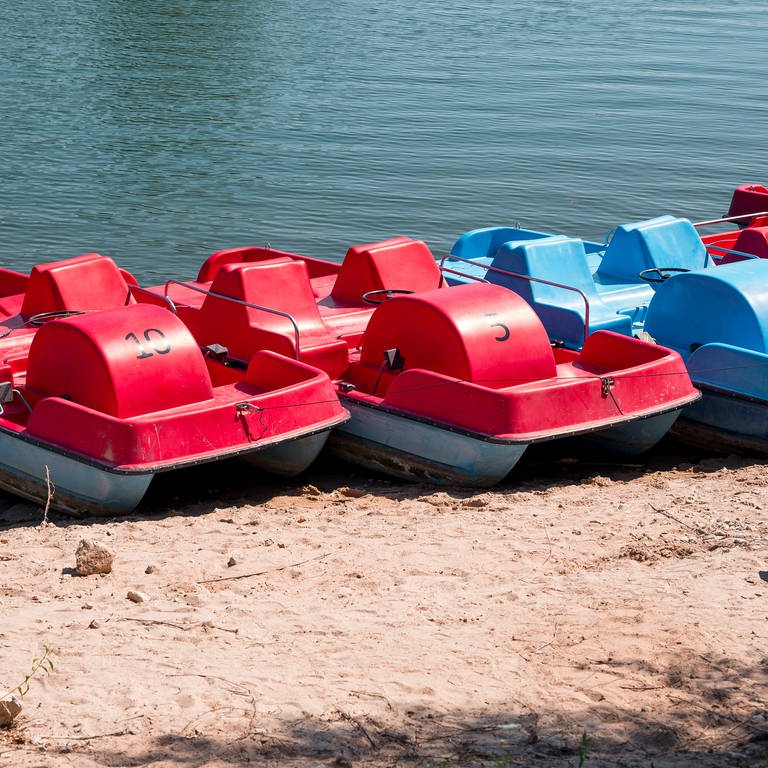 Mehrere Tretboote liegen am Ufer eines Sees. (Foto: dpa Bildfunk, picture alliance/dpa | Daniel Vogl)