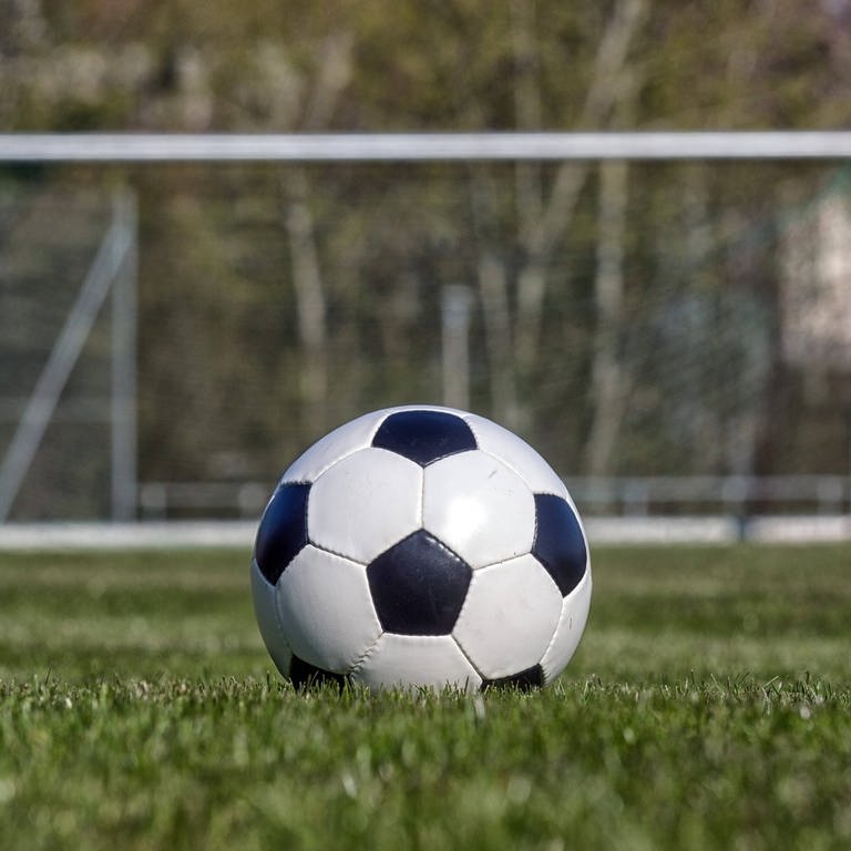 Ein Fußball liegt auf einem leeren Fußballfeld.