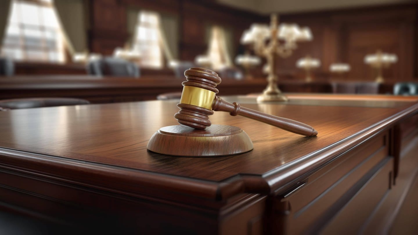 Symbolbild: Der Richterhammer ruht auf einem Tisch in einem leeren Gerichtsgebäude. Eine Richterin wurde während einer Urteilsverkündung am Mittwoch in Los Angeles von einem vorbestraften Angeklagten attackiert. (Foto: IMAGO, IMAGO / imagebroker)