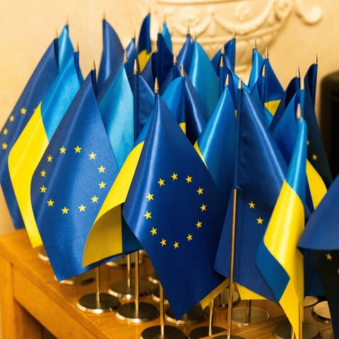 Kleine ukrainische und europäische Flaggen sind auf einem Tisch zu sehen (Foto: dpa Bildfunk, picture alliance/dpa/dpa-ENR-Pool | Philipp von Ditfurth)