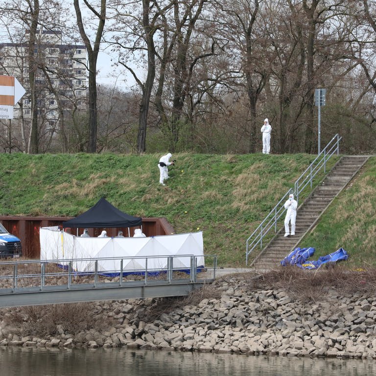 Polizisten untersuchen am Fundort einer Leiche die Umgebung. Am Hafen in Köln ist am Sonntagmorgen ein 15-Jähriger tot an einer Landzunge gefunden worden. (Foto: picture-alliance / Reportdienste, picture alliance/dpa | Sascha Thelen)