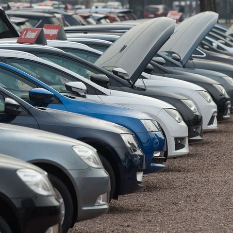 Neu- und Gebrauchtwagen stehen bei einem Autohändler nebeneinander. - Ukrainer bekommen kostenlose Autos?! Das sind Fake News