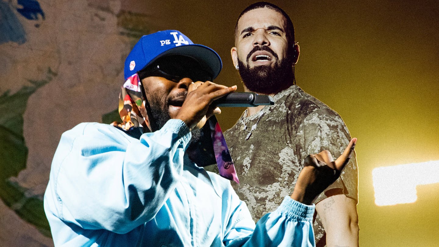 Die beiden Rapper Kendrick Lamar und Drake haben Disstracks übereinander rausgehauen. (Foto: SWR DASDING, IMAGO, picture-alliance / Reportdienste, IMAGO / MediaPunch; picture alliance/dpa/PA Media | Jordan Curtis Hughes/Ld Communic; DASDING (Fotomontage))