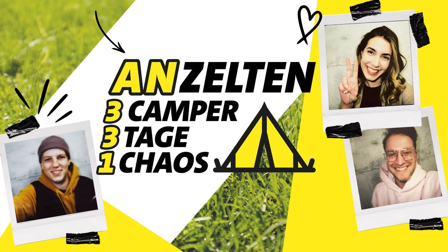 DASDING Anzelten – 3 Camper, 3 Tage, 1 Chaos. Linda, Philipp und Alex aus dem DASDING-Team wagen 3 Tage Festival-Bootcamp, das live auf TikTok gestreamt wird. (Foto: SWR DASDING)