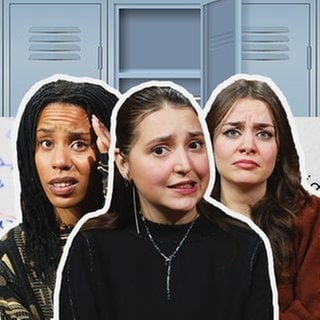 Die Hosts El, Walerija und Aurora, daneben ein TikTok darüber, wie man in der Schule beliebt wird.
